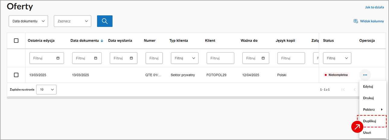 Ekran z tabelą wystawionych faktur